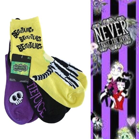 Beetlejuice Beetlejuice Halloween Printed 3 Pairs Mid Crew Socks NWT - Picture 1 of 14
